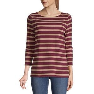 St. John's Bay Striped Boat Neck Top Burgundy Tan Cotton Blend Casual Classic